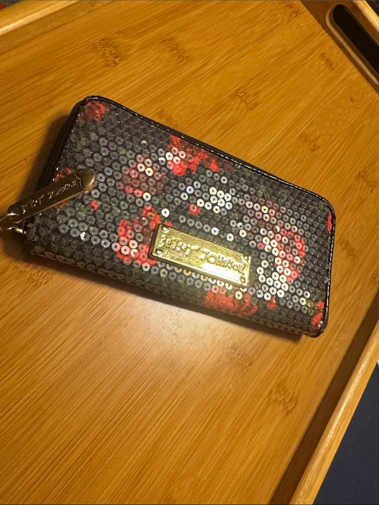 Betsey Johnson Handbags - Betsey Johnson Black Sequin Zip Wallet with Red Floral Detail